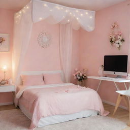 A modern bedroom with white canopy, beautiful hanging lights, enchanting wall decorations, a flower vase, small table, and a computer