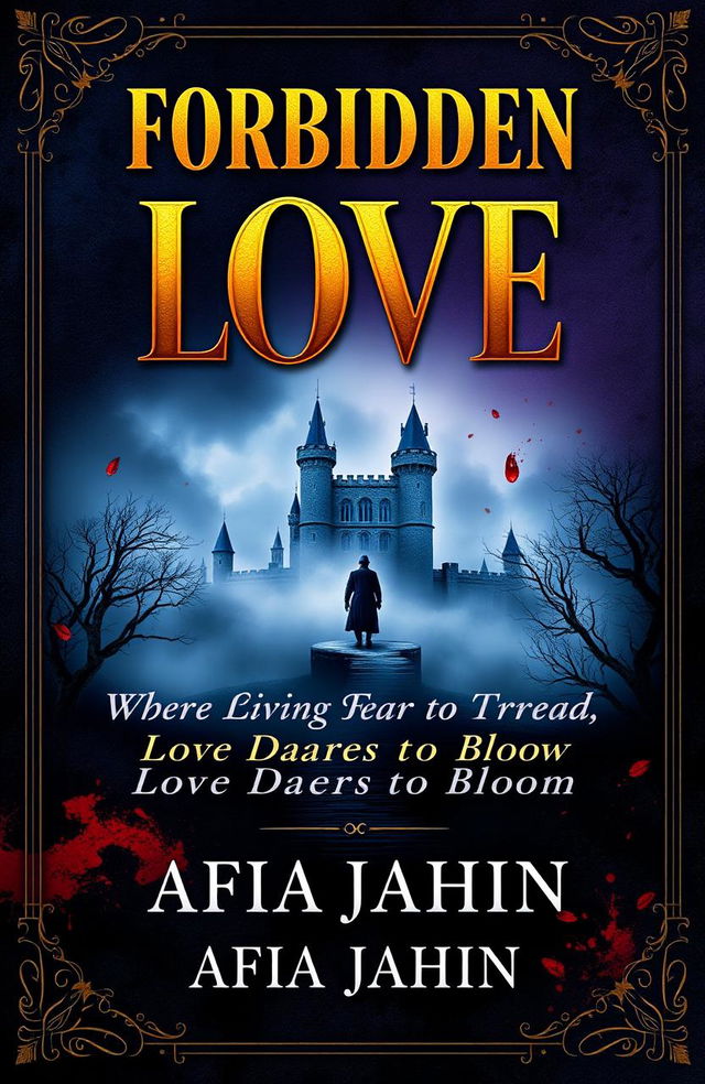 A book cover design featuring the title "Forbidden Love" in striking metallic golden letters, with the subtitle "Where the Living Fear to Tread, Love Dares to Bloom" in elegant serif font below