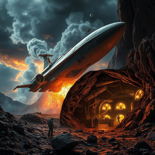 A dramatic scene depicting a large, futuristic spaceship crashing into a rugged landscape, with debris scattering across the terrain