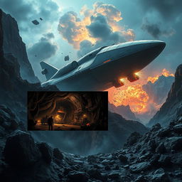 A dramatic scene depicting a large, futuristic spaceship crashing into a rugged landscape, with debris scattering across the terrain
