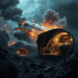 A dramatic scene depicting a large, futuristic spaceship crashing into a rugged landscape, with debris scattering across the terrain
