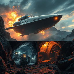 A dramatic scene depicting a large, futuristic spaceship crashing into a rugged landscape, with debris scattering across the terrain