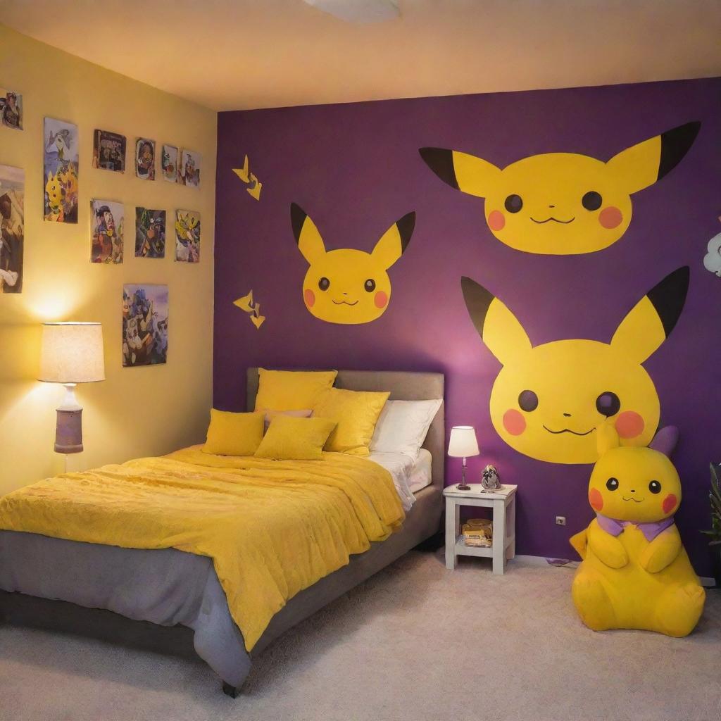 An epic quality modern bedroom with a pleasant visual balance between yellow and purple hues, Pikachu themed decorations, Pikachu plush toys, a Pikachu body pillow, and a Pikachu lamp