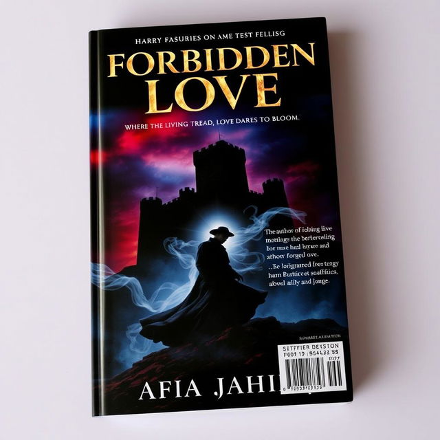 A captivating book cover design for "Forbidden Love" featuring the title in bold metallic golden letters at the top, with the subtitle "Where the Living Fear to Tread, Love Dares to Bloom" elegantly placed underneath in a darker metallic silver font