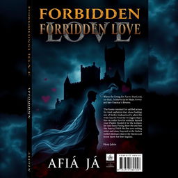 A captivating book cover design for "Forbidden Love" featuring the title in bold metallic golden letters at the top, with the subtitle "Where the Living Fear to Tread, Love Dares to Bloom" elegantly placed underneath in a darker metallic silver font