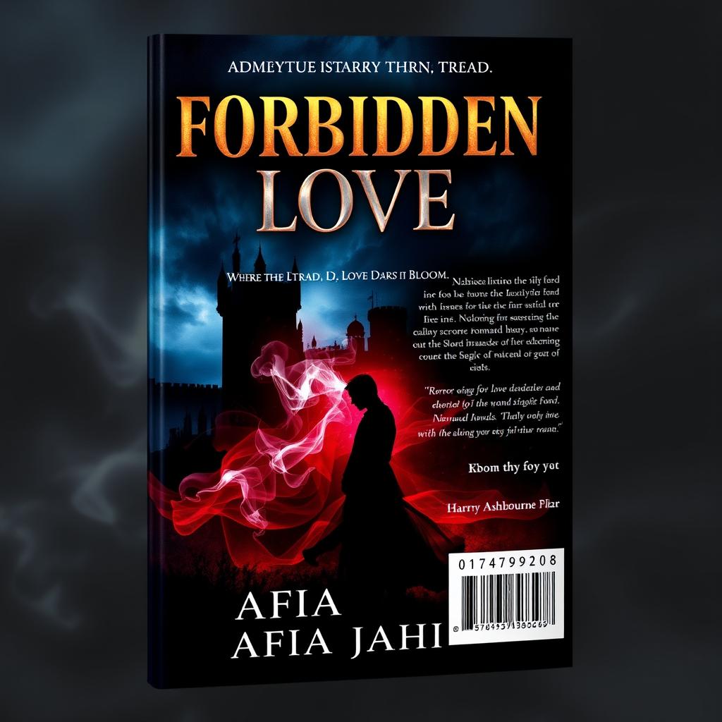 A captivating book cover design for "Forbidden Love" featuring the title in bold metallic golden letters at the top, with the subtitle "Where the Living Fear to Tread, Love Dares to Bloom" elegantly placed underneath in a darker metallic silver font