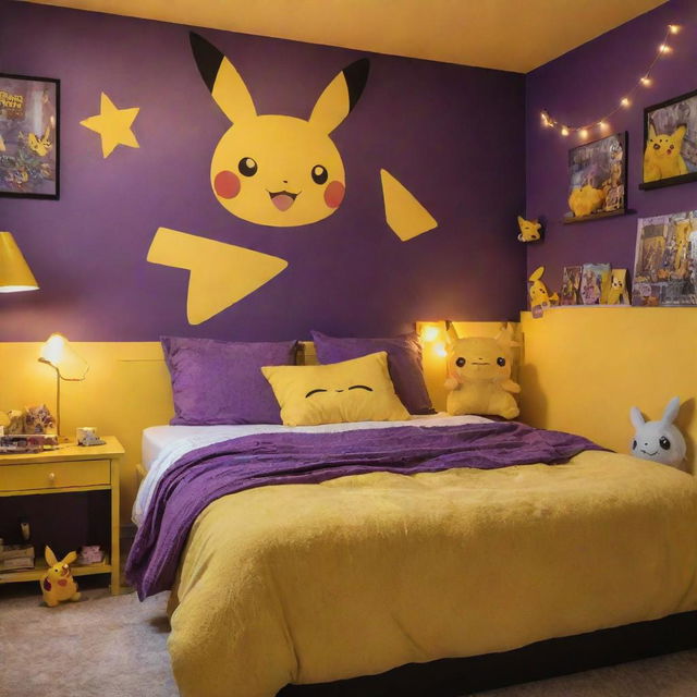 An epic quality modern bedroom with a pleasant visual balance between yellow and purple hues, Pikachu themed decorations, Pikachu plush toys, a Pikachu body pillow, and a Pikachu lamp