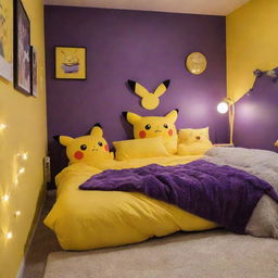 An epic quality modern bedroom with a pleasant visual balance between yellow and purple hues, Pikachu themed decorations, Pikachu plush toys, a Pikachu body pillow, and a Pikachu lamp