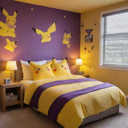 An epic quality modern bedroom with a pleasant visual balance between yellow and purple hues, Pikachu themed decorations, Pikachu plush toys, a Pikachu body pillow, and a Pikachu lamp