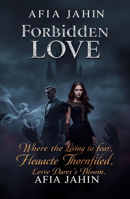 A captivating book cover for 'Forbidden Love' by Afia Jahin featuring a haunting and romantic visual