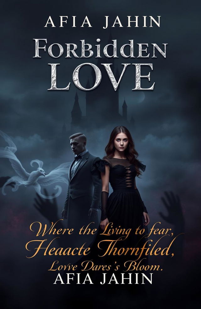 A captivating book cover for 'Forbidden Love' by Afia Jahin featuring a haunting and romantic visual