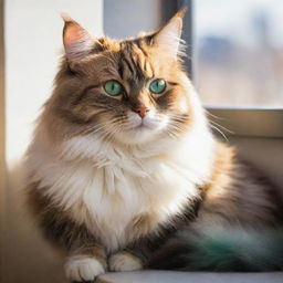 An adorable, fluffy cat with bright emerald eyes, sitting leisurely under a warm sunlight filtering through a nearby window magnifying its multicolored fur