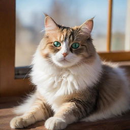 An adorable, fluffy cat with bright emerald eyes, sitting leisurely under a warm sunlight filtering through a nearby window magnifying its multicolored fur