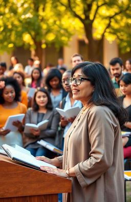 An inspiring scene depicting a teacher transitioning from a teacher to a professor