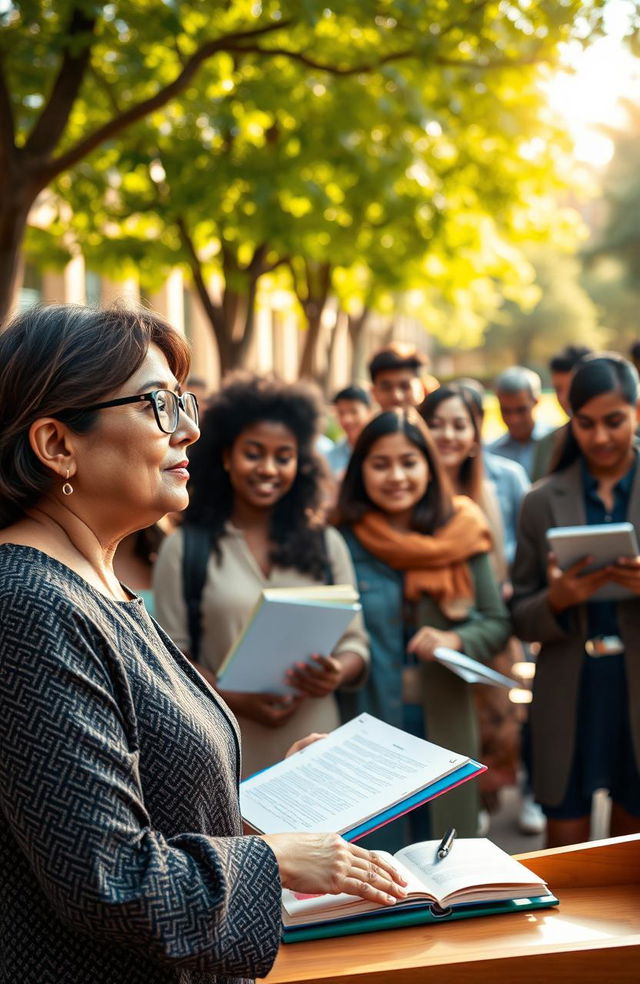 An inspiring scene depicting a teacher transitioning from a teacher to a professor