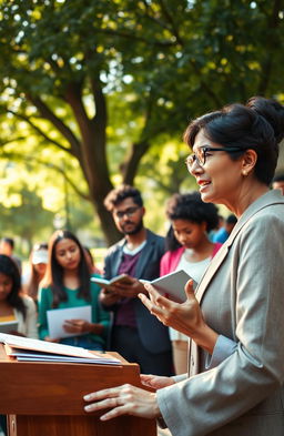 An inspiring scene depicting a teacher transitioning from a teacher to a professor