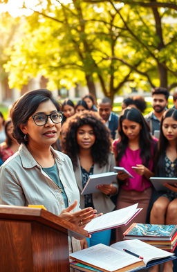 An inspiring scene depicting a teacher transitioning from a teacher to a professor