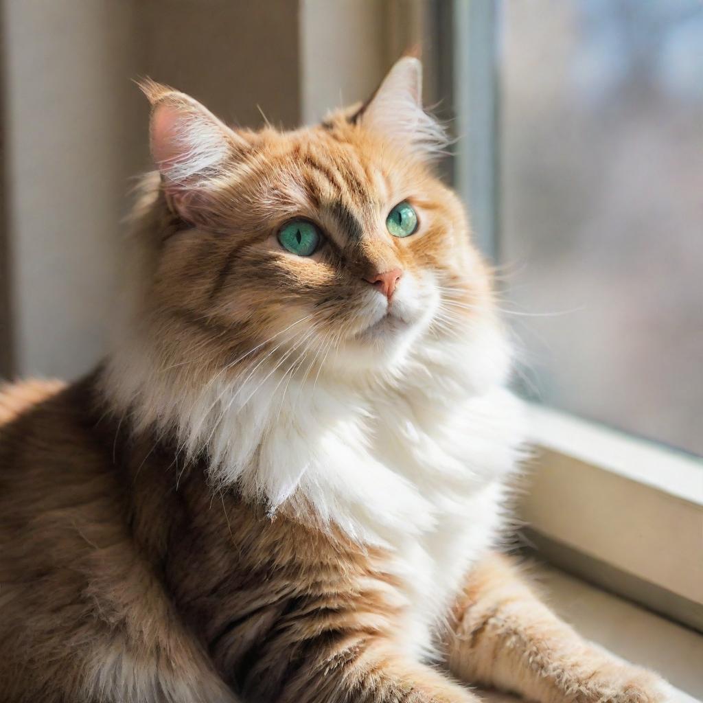 An adorable, fluffy cat with bright emerald eyes, sitting leisurely under a warm sunlight filtering through a nearby window magnifying its multicolored fur