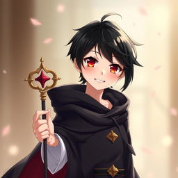 A full-body portrayal of a charming 16-year-old anime boy standing confidently, with glossy black hair and vibrant red eyes that sparkle with enthusiasm