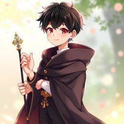 A full-body portrayal of a charming 16-year-old anime boy standing confidently, with glossy black hair and vibrant red eyes that sparkle with enthusiasm