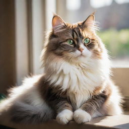 An adorable, fluffy cat with bright emerald eyes, sitting leisurely under a warm sunlight filtering through a nearby window magnifying its multicolored fur