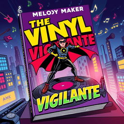 A dynamic and colorful book cover design for 'The Vinyl Vigilante' by Melody Maker, featuring a music-themed superhero in action
