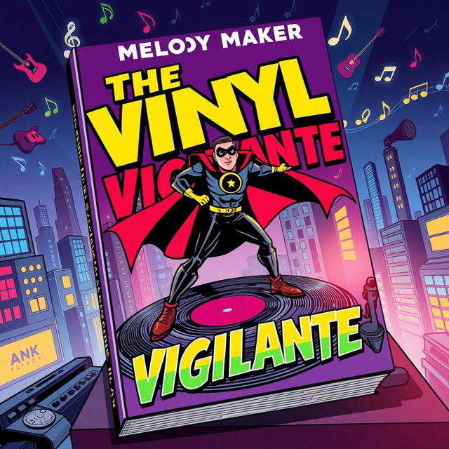 A dynamic and colorful book cover design for 'The Vinyl Vigilante' by Melody Maker, featuring a music-themed superhero in action