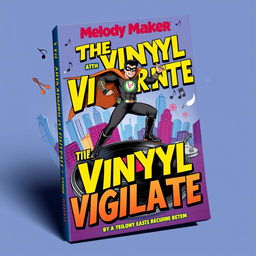 A dynamic and colorful book cover design for 'The Vinyl Vigilante' by Melody Maker, featuring a music-themed superhero in action