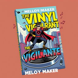 A dynamic and colorful book cover design for 'The Vinyl Vigilante' by Melody Maker, featuring a music-themed superhero in action