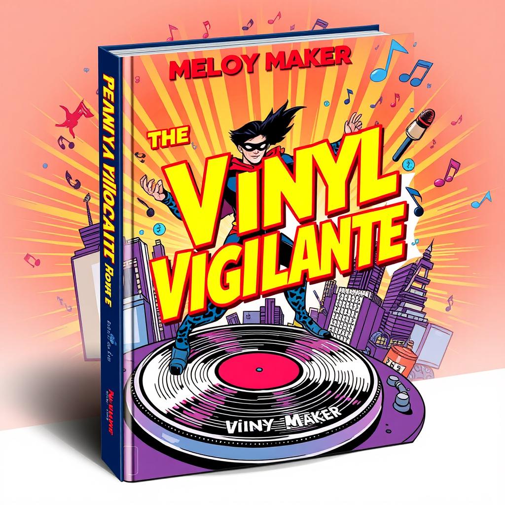 A dynamic and colorful book cover design for 'The Vinyl Vigilante' by Melody Maker, featuring a music-themed superhero in action