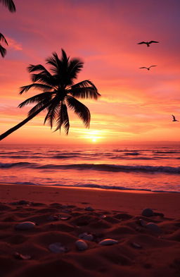 A serene and picturesque view of the vast sea at sunset, with gentle waves lapping against the shore