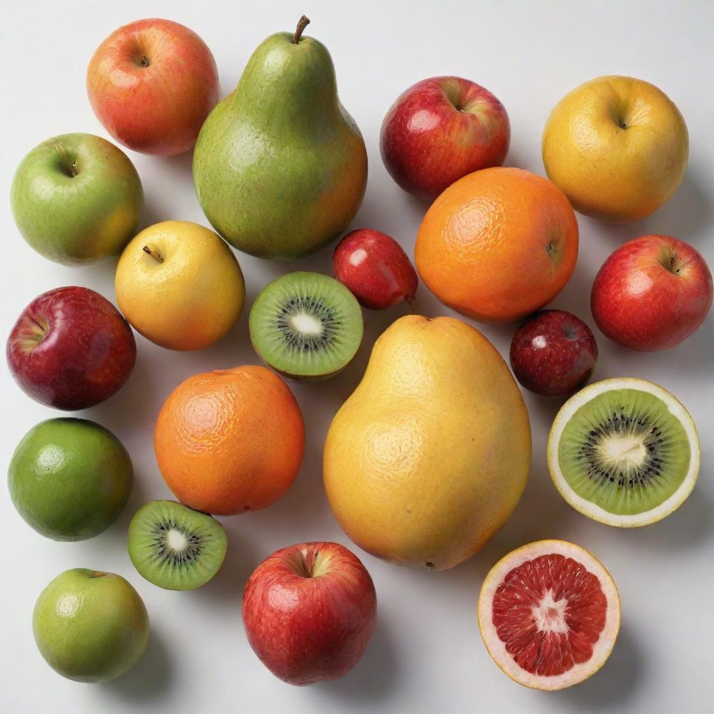 A still life of fruits using eight colors including black, with medium outlines, set against a white background.