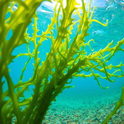 A close-up view of vibrant green seaweed swaying gently beneath the clear blue water of the ocean