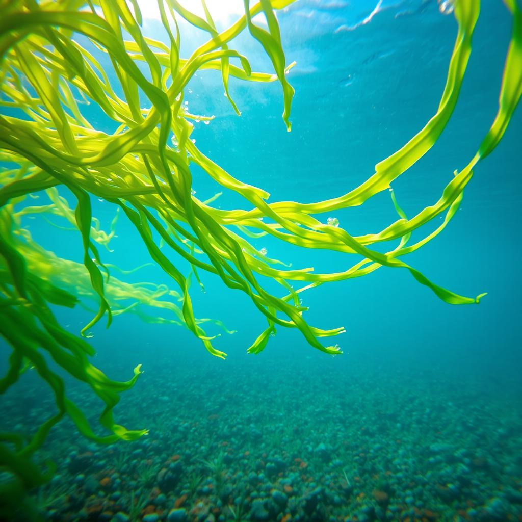 A close-up view of vibrant green seaweed swaying gently beneath the clear blue water of the ocean