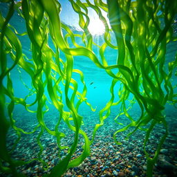 A close-up view of vibrant green seaweed swaying gently beneath the clear blue water of the ocean