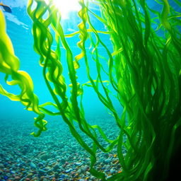 A close-up view of vibrant green seaweed swaying gently beneath the clear blue water of the ocean