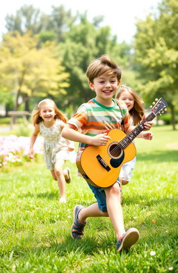 A joyful scene depicting a young boy with a playful smile, energetically holding a guitar as he chases a girl who is laughing and running ahead of him