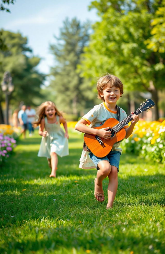 A joyful scene depicting a young boy with a playful smile, energetically holding a guitar as he chases a girl who is laughing and running ahead of him