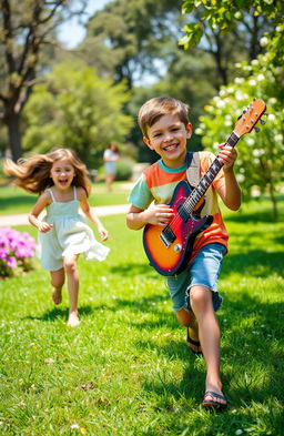 A joyful scene depicting a young boy with a playful smile, energetically holding a guitar as he chases a girl who is laughing and running ahead of him