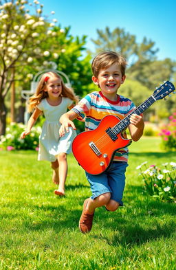 A joyful scene depicting a young boy with a playful smile, energetically holding a guitar as he chases a girl who is laughing and running ahead of him