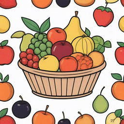 A basket of fruits illustrated with 8 flat colors, including black, outlined in black, set against a white background.