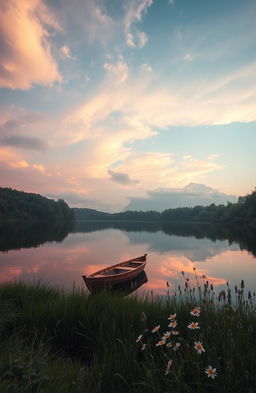 A serene and harmonious scene depicting a tranquil lake surrounded by lush greenery, with soft pastel colors reflecting the sky at sunset