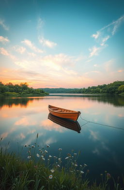 A serene and harmonious scene depicting a tranquil lake surrounded by lush greenery, with soft pastel colors reflecting the sky at sunset