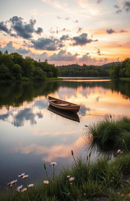 A serene and harmonious scene depicting a tranquil lake surrounded by lush greenery, with soft pastel colors reflecting the sky at sunset