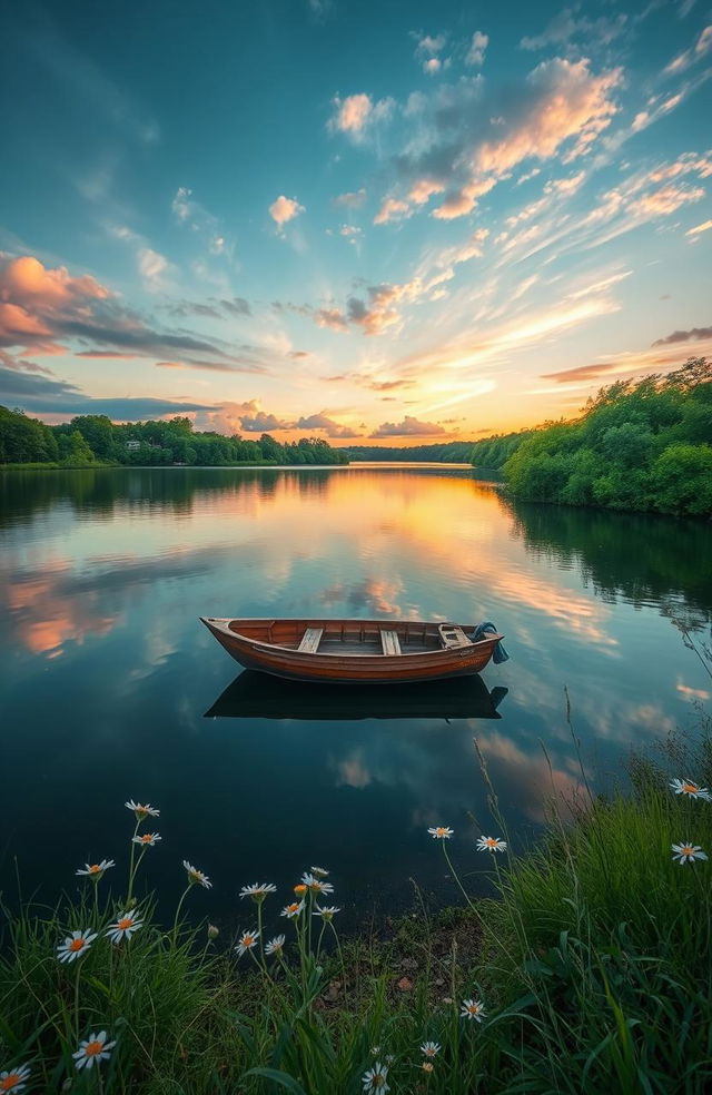 A serene and harmonious scene depicting a tranquil lake surrounded by lush greenery, with soft pastel colors reflecting the sky at sunset