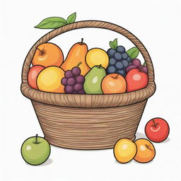 A basket of fruits illustrated with 8 flat colors, including black, outlined in black, set against a white background.