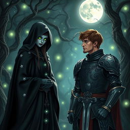 A mystical scene depicting the Dark Witch in an enchanted forest with a magical ambiance, standing confidently beside Prince Arthur