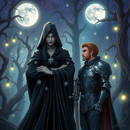 A mystical scene depicting the Dark Witch in an enchanted forest with a magical ambiance, standing confidently beside Prince Arthur
