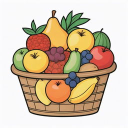 A basket of fruits illustrated with 8 flat colors, including black, outlined in black, set against a white background.