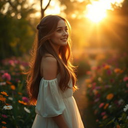 A romantic film scene depicting a beautiful girl with long flowing chestnut hair, wearing an elegant, flowing white dress